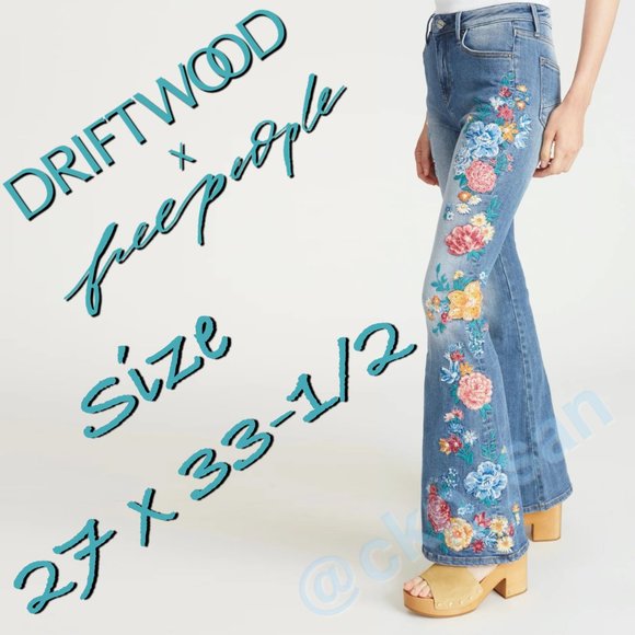 NWT Free People x Driftwood Farrah Embroidered Flare Jeans Sz 27